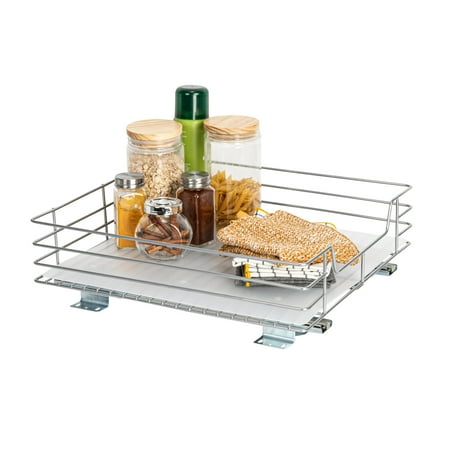 Household Essentials Glidez Steel Pull-Out/Slide-Out Storage Organizer with Plastic Liner for Under Cabinet or Wire Shelf Use - 1-Tier Design - Fits Standard Size Cabinet or Shelf, Brushed Silver