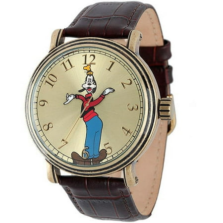 Goofy Mens Antique Gold Vintage Articulating Alloy Case Watch, Brown Leather Strap