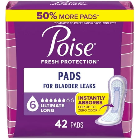 Poise Incontinence Pads for Women, 6 Drop Ultimate Absorbency, Long Length, 42 Count