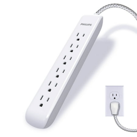 Philips 6-Outlet Surge Protector, 10ft Braided Cord, 1080J, White