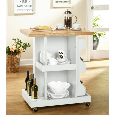 Hampton Kitchen Cart White - Buylateral: Rubberwood Top, Modern Design, Space Saver, Stemware Rack