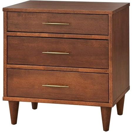 Lifestorey Ana Mid Century Modern Nightstand Oak: Mid-century 3 Drawer Table, Rubberwood Veneer, Antique Brass Pulls