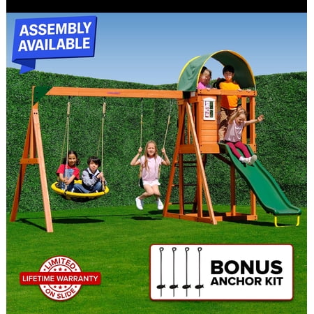 Sportspower Amelia Wooden Swing Set with 2-Person Saucer Swing, 6' Blow Molded Slide, Swing, Play Fort, Heavy Duty Double A-Frame, Lifetime Warranty on Slide