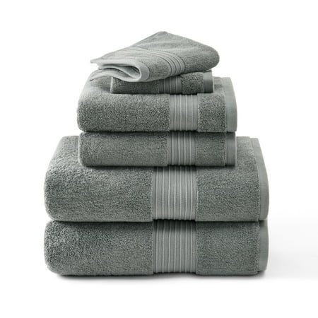 TOWN & COUNTRY EVERYDAY 6-Piece Assorted Solid Dobby Border Set, 2-Bath Towels, 2-Hand Towels, 2-Washcloths, 100% Cotton, Plush & Absorbent 650GSM, Grey