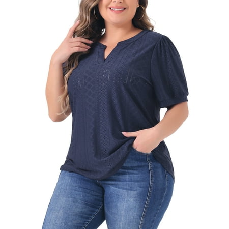Women's Plus Tops Hollow Casual V Neck Short Sleeve Summer Blouse Shirts 4X Navy Blue