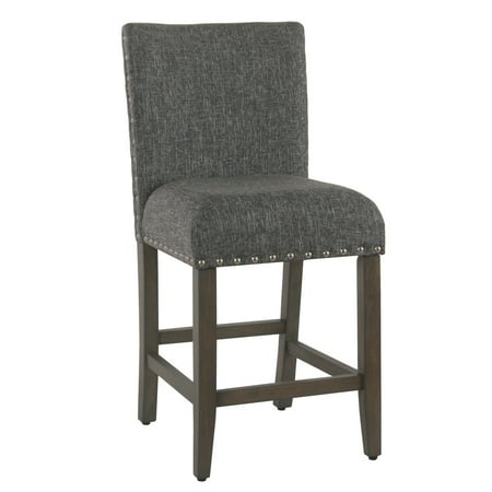 HomePop 24&#34; Upholstered Counter Height Barstool with Nailheads Slate Gray : Padded Back, Wood Legs, Polyester/Acrylic