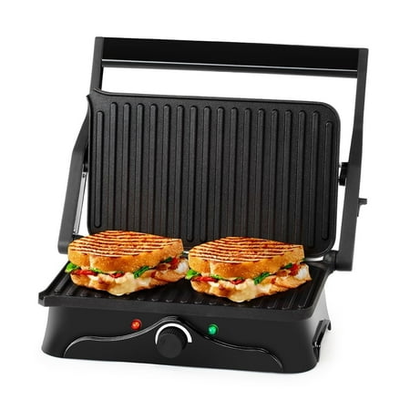 Holstein Housewares 2-Slice Panini Press and 180° Open Flat Grill, Black Sandwich Maker with Nonstick Interior