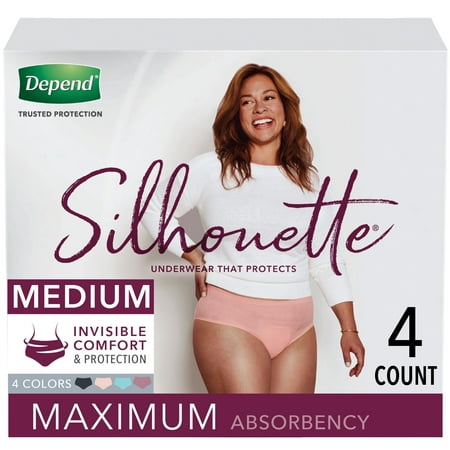 Depend Silhouette Incontinence or Postpartum Underwear for Women, Maximum Absorbency, Medium, Pink, Black, Teal or Berry, 4 Count