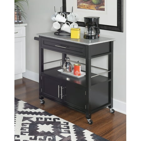 Linon Cameron Black Granite Top Storage Drawer Cabinet & Open Shelf & Locking Wheels Kitchen Cart: Pine Frame, Towel Bar, Painted Finish