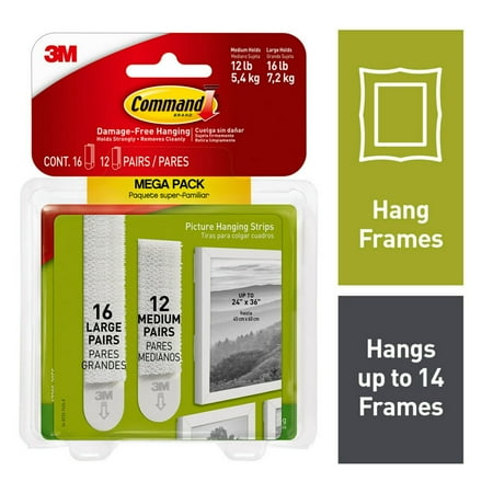 Command Medium and Large Picture Hangers, White, 12 Medium Pairs and 16 Large Pairs