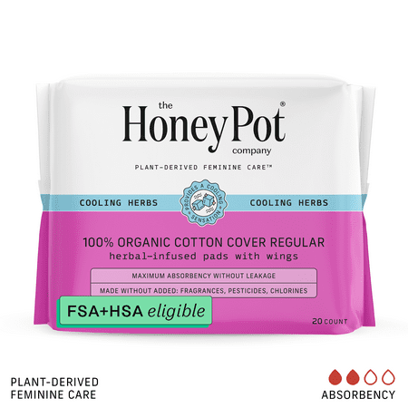 Honey Pot 100% Organic Cotton Cover Cooling Herbal Infusion Regular Pads, 20 Count