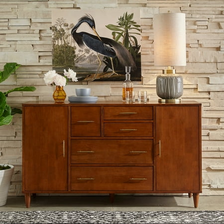 Lifestorey Ana Mid Century Modern Buffet Oak: Rubberwood Sideboard, 5 Drawers, 2 Doors, Adjustable Shelves