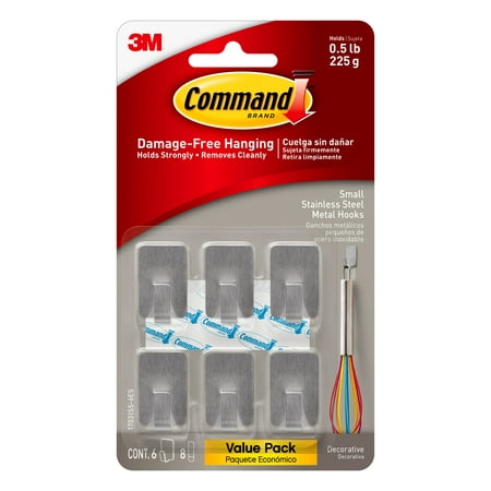 Command Small Stainless Steel Metal Hooks, 6 Hooks, 8 Strips/Pack