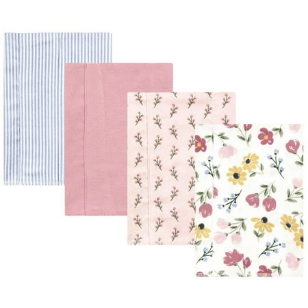 Hudson Baby Infant Girl Cotton Flannel Burp Cloths, Soft Painted Floral 4 Pack, One Size