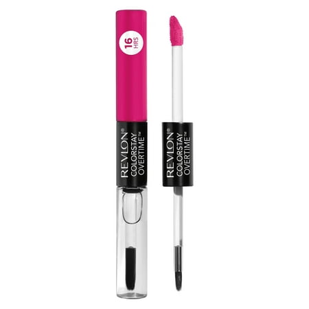 Revlon Liquid Lipstick with Clear Lip Gloss by Revlon, ColorStay Face Makeup, Overtime Lipcolor, Dual Ended with Vitamin E in Pink, 470 All Night Fuchsia, 0.07 fl oz