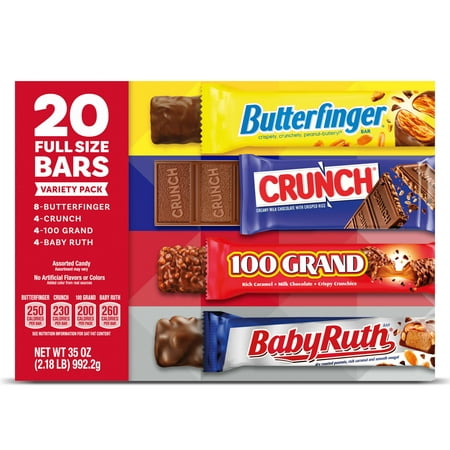 Butterfinger, CRUNCH, Baby Ruth and 100 Grand, Assorted Full Size Candy Bars, 20 Pack