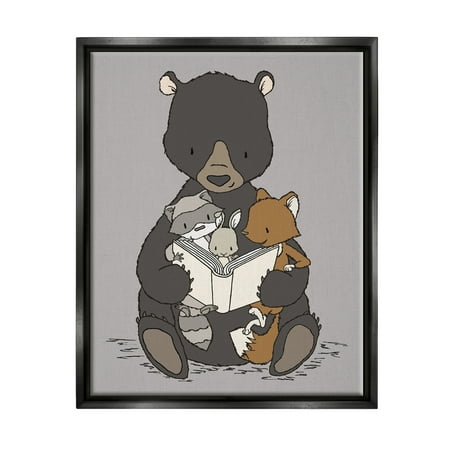 Stupell Industries Woodland Animals Family Bear Reading Book to Babies Graphic Art Jet Black Floating Framed Canvas Print Wall Art, Design by Sweet Melody Designs