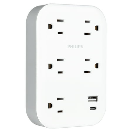 Philips 5 Outlet Surge Tap, Adapter Spaced, 1 USB-A, 1 USB-C, 17W, 900J, White