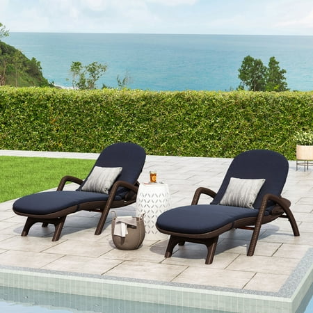 Noble House Waverly Faux Wicker Lounge with Cushion (Set of 2) Brown/Navy Blue