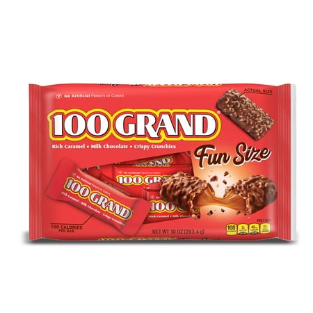 100 Grand Crispy Milk Chocolate with Caramel, Fun Size Candy Bars, 10 oz