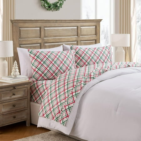 Hallmark Joy to the World Plaid 4-Piece Adult Multi Brushed Cotton Flannel Bed Sheet Set, Queen