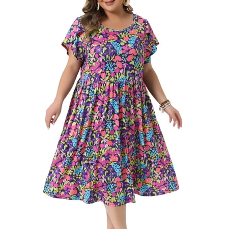 DARING DIVA Women's Plus Floral Print Crew Neck Tulip Midi Dress 3X Black Purple