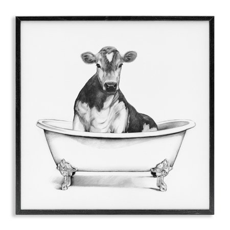 Cow in Bathtub Sketch Black Framed Giclee Art, 12 x 12