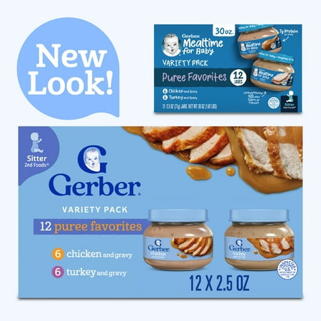 Gerber 2nd Foods Puree Favorites, Chicken and Turkey Baby Food Variety Pack, 2.5 oz Jars (12 Pack)