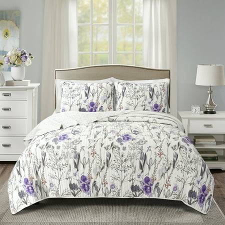 Lush Decor Adalia Floral Cotton Reversible Quilt, Full/Queen, Purple/Gray, 3-Pc Set