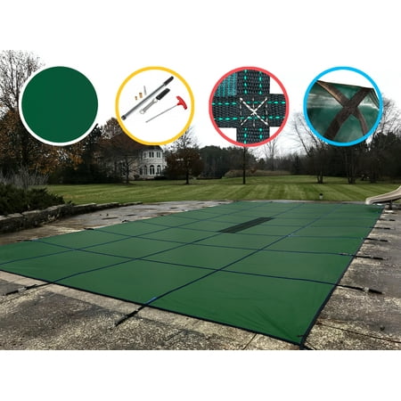 WaterWarden Safety Pool Cover for 12 x 27 In Ground Pool - Green Solid with Center Drain Panel