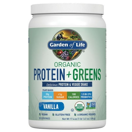 Garden of Life Organic Plant Based Greens Probiotic 20g Protein Shake Drink Powder for Digestive Gut Health, Vegan, Vanilla, 1.1lb