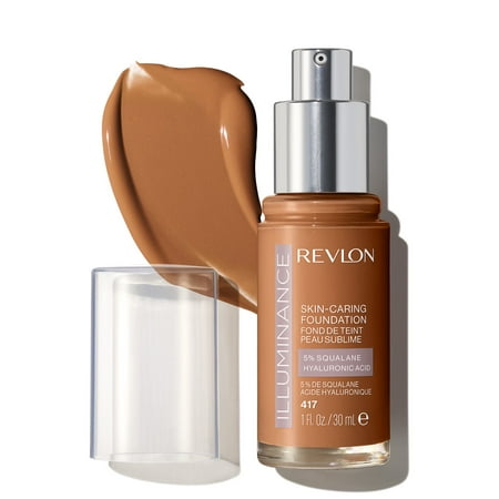 Revlon Illuminance Skin-Caring Liquid Foundation, Hyaluronic Acid, Hydrating and Nourishing Formula with Medium Coverage, 417 Warm Caramel, 1 fl oz.
