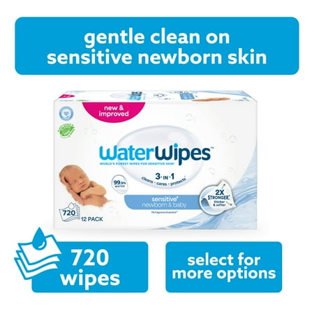 WaterWipes Original 99.9% Water Based Baby Wipes, Unscented, 12 Resealable Packs (720 Wipes)