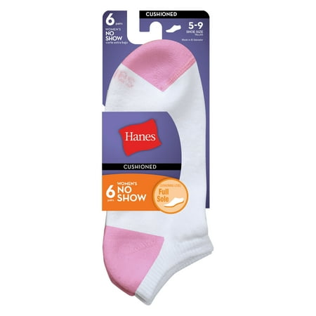 Hanes Womens Breathable Cushioned No Show Socks, Comfort Toe Seam, 6-Pairs White w/Color Heel 5-9