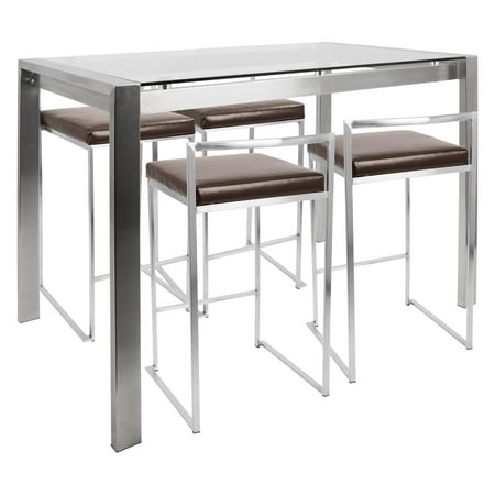 Fuji 5-Piece Contemporary Counter Height Dining Set in Stainless Steel and Brown by LumiSource