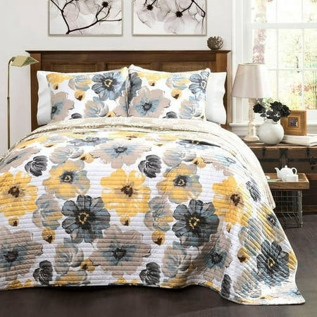Lush Decor Leah Floral Print Soft Microfiber Reversible Quilt, King, Yellow/Gray, 3-pc set includes: 1 Quilt, 2 Pillow Shams