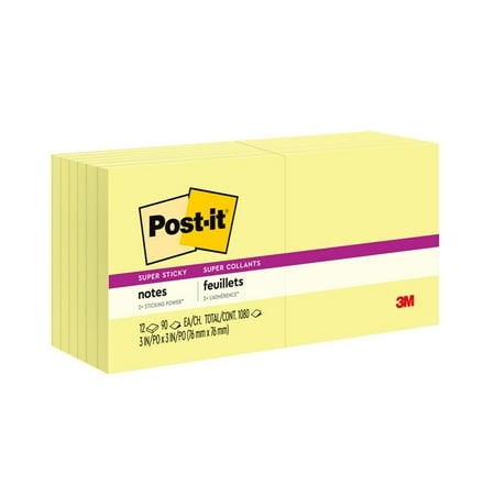 Post-it Super Sticky Notes, Canary Yellow, 3 in. x 3 in., 90 Sheets, 12 Pads