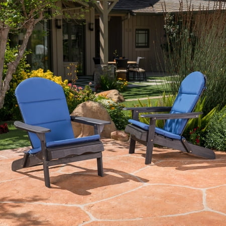 Ariel Outdoor Acacia Wood Folding Adirondack Chairs with Cushions (Set of 2), Dark Gray and Navy Blue