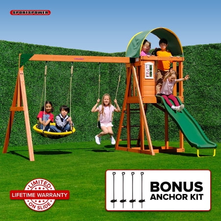 Sportspower Amelia Wooden Swing Set with 2-Person Saucer Swing, 6' Blow Molded Slide, Swing, Play Fort, Heavy Duty Double A-Frame, Lifetime Warranty on Slide