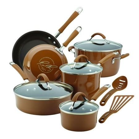 Rachael Ray Cucina Hard Porcelain Enamel Nonstick Cookware Pots and Pans Set, 12-Piece, Mushroom Brown