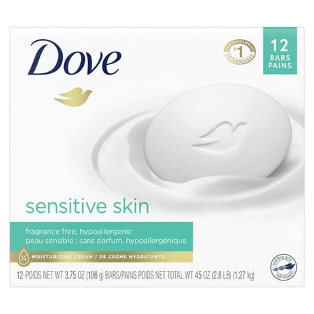 Dove Beauty Bar Women's Bath Soap Sensitive Unscented Hypoallergenic for Sensitive Skin, 3.75 oz 12 Bars