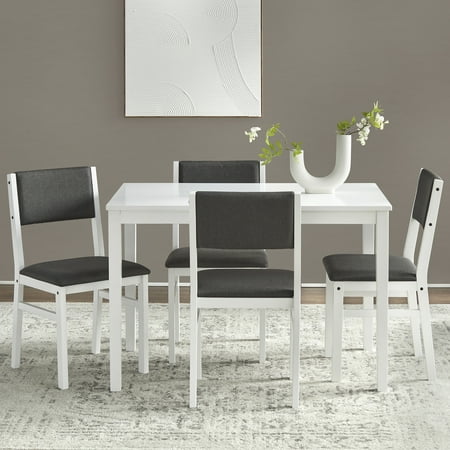 5pc Adler Rectangular Dining Set White - Buylateral: Mid-Century Modern, Rubberwood, Padded Chairs