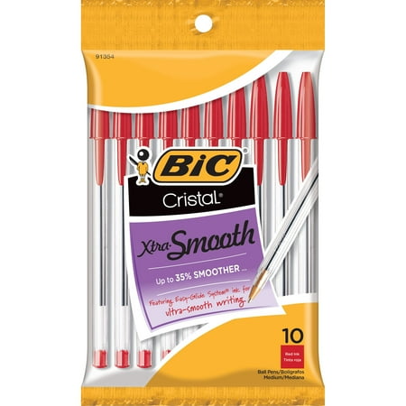 BIC Cristal Xtra Smooth Ballpoint Stick Pens, Medium Point (1.0 mm), Red Ink, Pack of 10