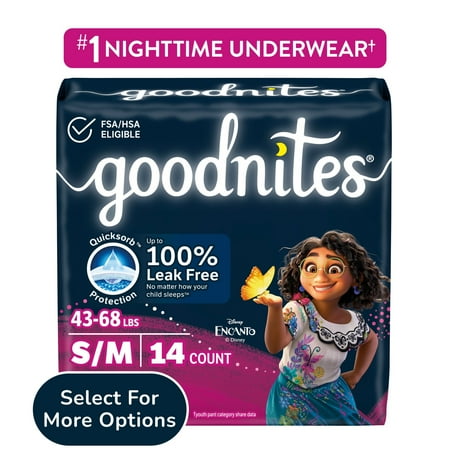 Goodnites Bedwetting Underwear for Girls, S/M (43-68 lbs), 14 Ct (Select for More)