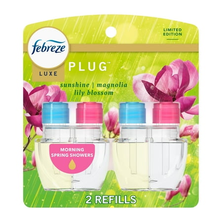 Febreze Plug In Air Freshener, Odor-Fighting Scented Oil Refill, Moring Spring Showers, 2 Refill