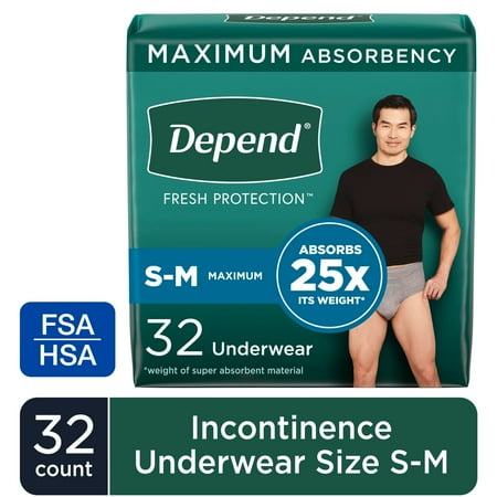 Depend Fresh Protection Incontinence Underwear for Men, Adult Diapers, S/M, 32 Count