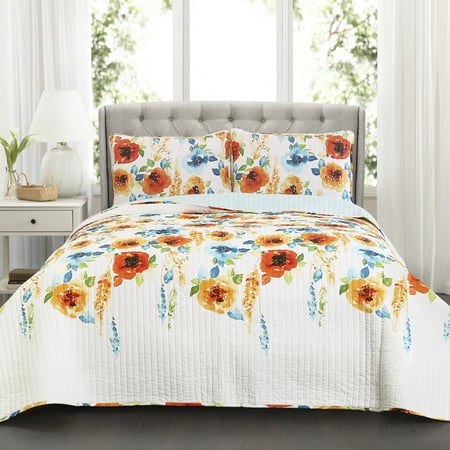 Lush Decor Percy Bloom Floral Cotton Reversible Quilt, Full/Queen, Tangerine/Blue, 3-Pc Set