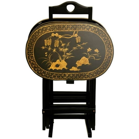 Oriental Furniture Rosewood TV Tray Set, Antique Gold, 19.00"H, black