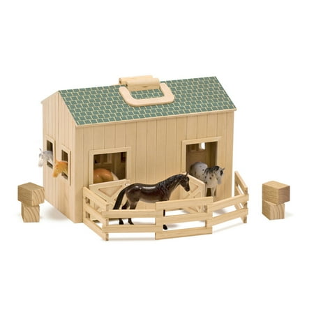 Melissa & Doug Fold and Go Wooden Horse Stable Child Dollhouse with Handle and Toy Horses (11 Pieces)