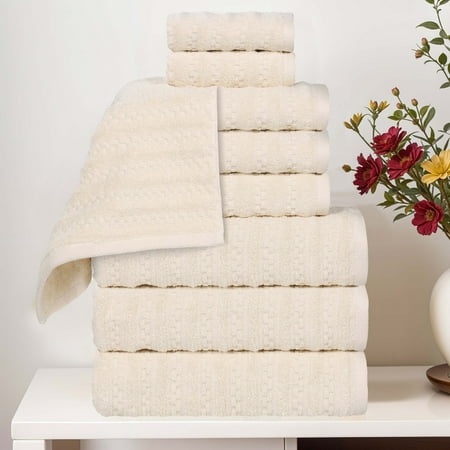 Superior Zuma Waffle Textured Stripes Zero Twist 9 Piece Towel Set, Ivory